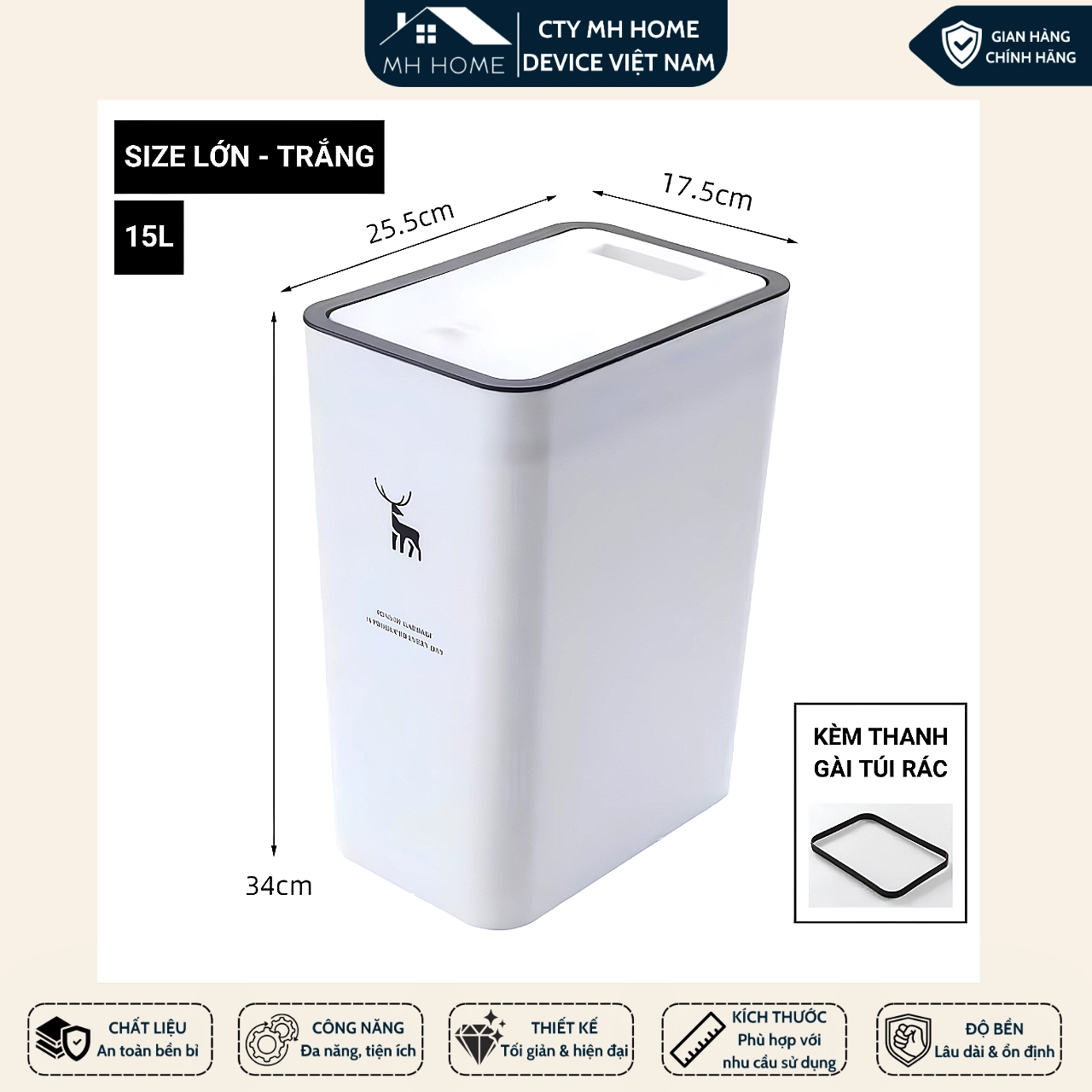 Thùng Rác 15L Nắp Bật Hình Hươu Nhựa PP Cao Cấp, Thiết Kế Nhấn Nút Tiện Lợi, Nhỏ Gọn Tiết Kiệm Không Gian Cho Gia Đình